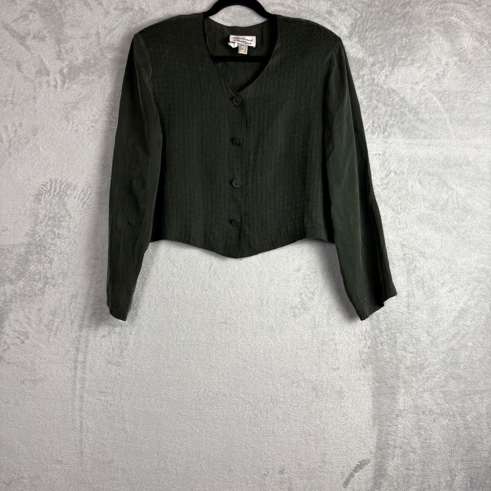 Vintage Blouse Top Cropped V-Neck Button Front Size 14 Dark Green Witchy Grunge